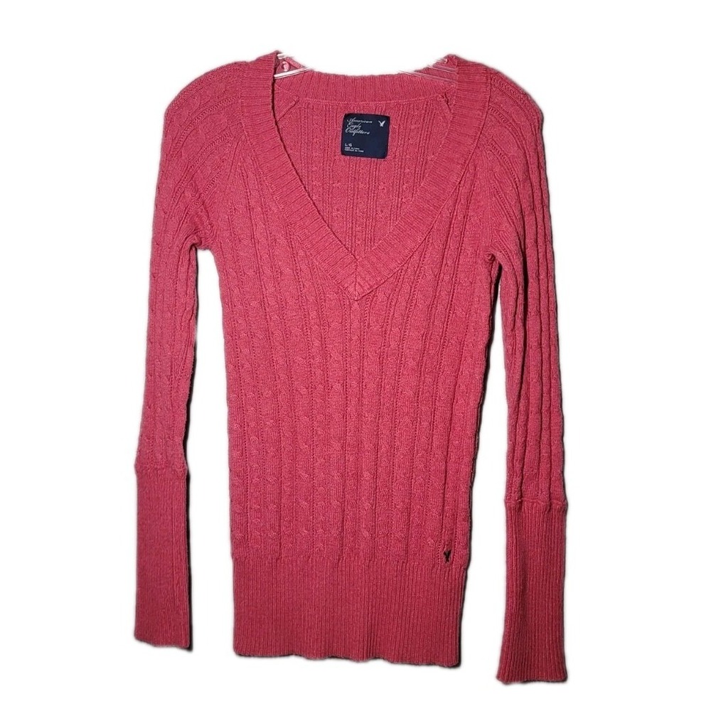 American Eagle Outfitters Sweater‎ Womens Lg. Y2K Cable Knit V Neck Vintage Red